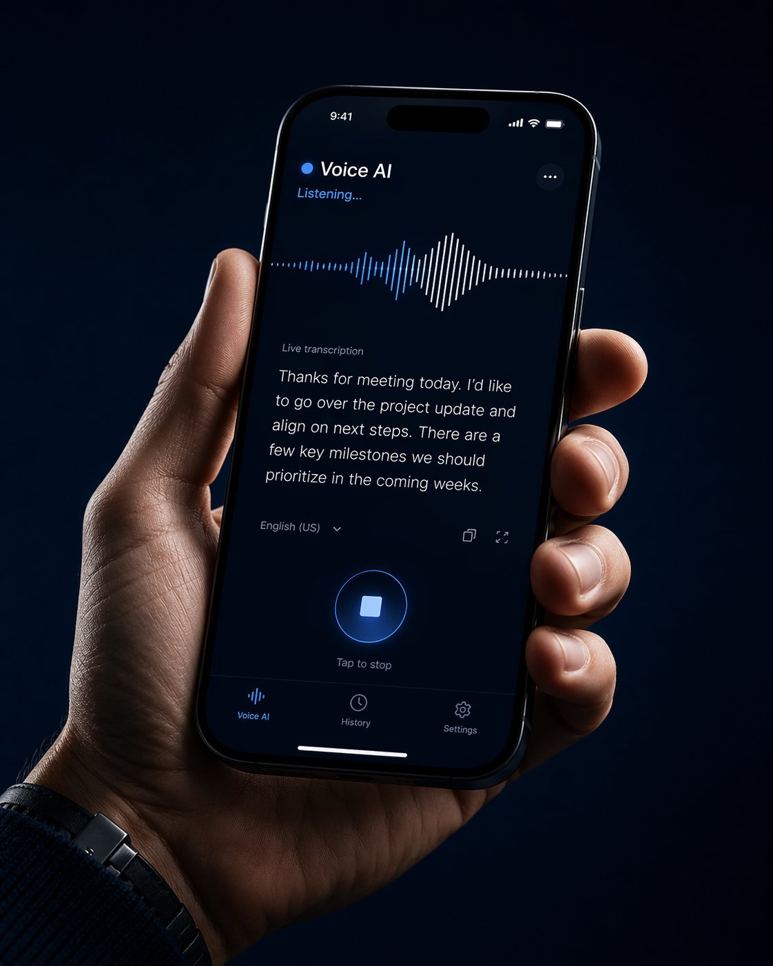Voice agent — live transcription on device